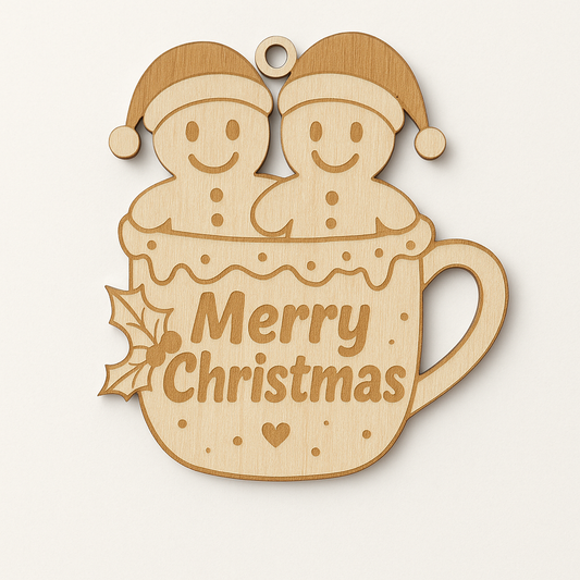 Wooden Christmas ornament with gingerbread men in a mug and 'Merry Christmas' text.