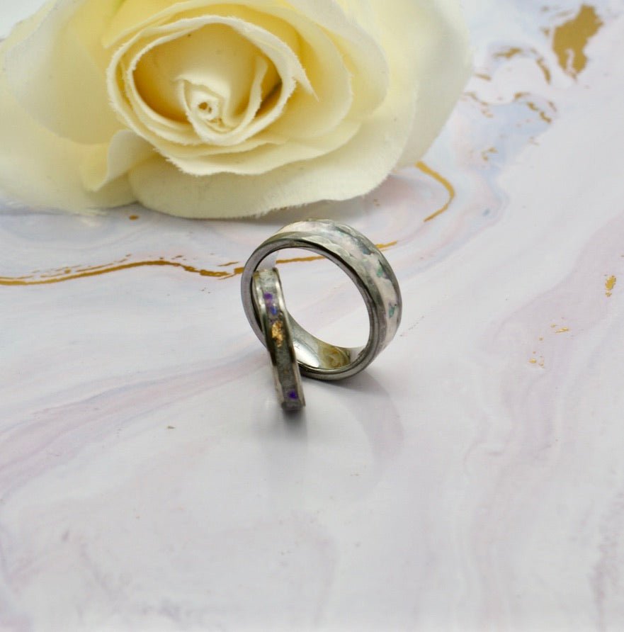 Hammered tungsten wedding band – durable faceted ring customisable with engraving and DNA inclusions