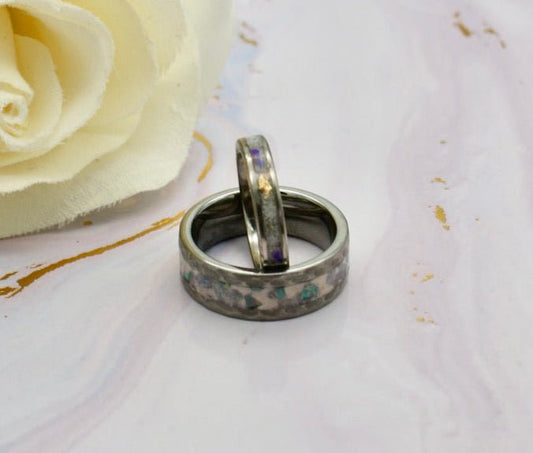 Hammered tungsten wedding band – durable faceted ring customisable with engraving and DNA inclusions