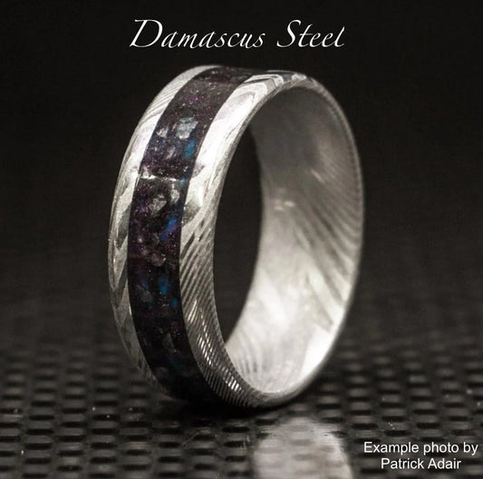 Damascus steel wedding band – durable patterned ring customisable with DNA inclusions and engraving