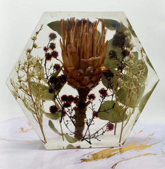 Custom keepsake block – hexagon, square, or circular memorial display for flowers, ashes, embryos, or DNA inclusions