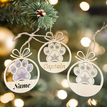 Personalised wooden pet paw print Christmas ornament with custom name engraving