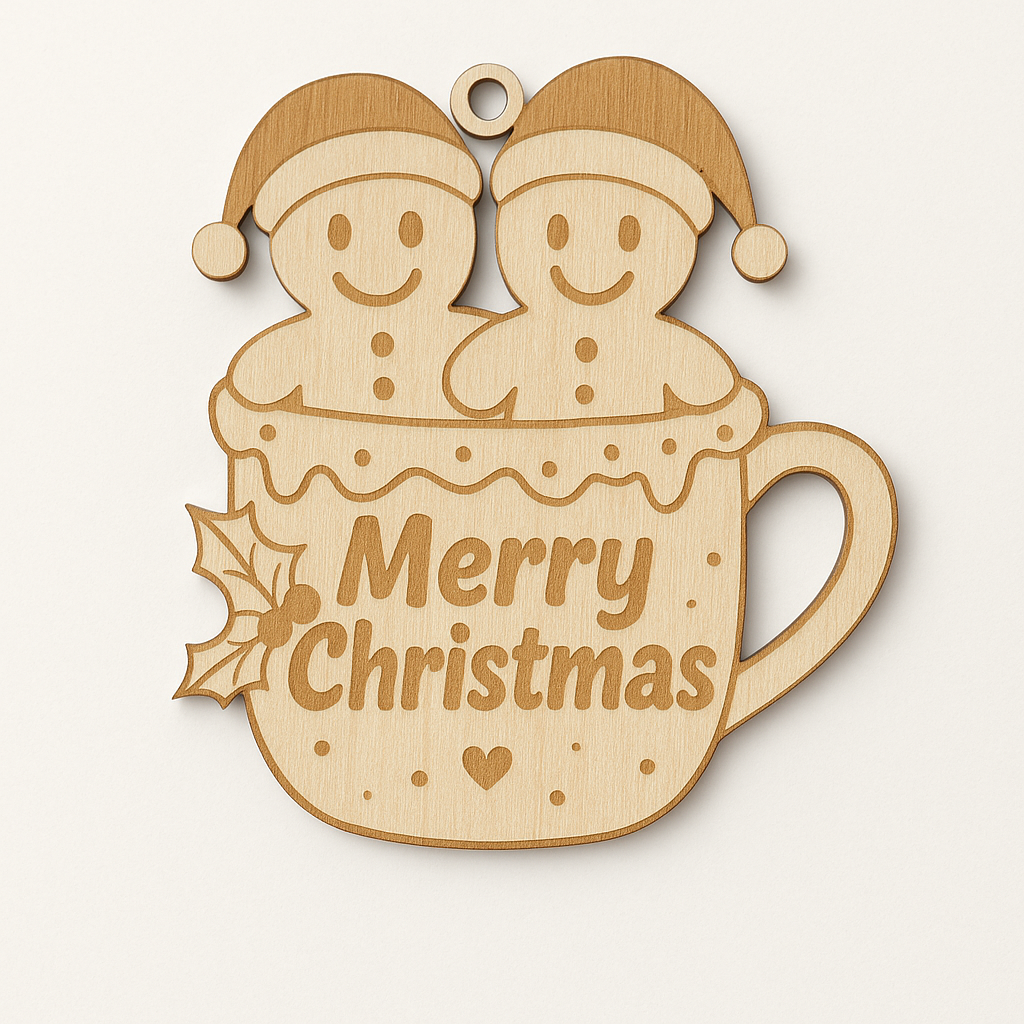 Personalised Gingerbread Family in Mug Ornament – Custom Engraved Wooden Christmas Decoration