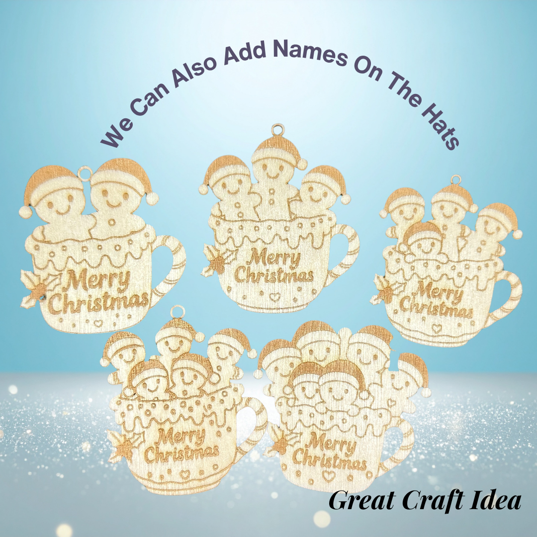 Personalised Gingerbread Family in Mug Ornament – Custom Engraved Wooden Christmas Decoration