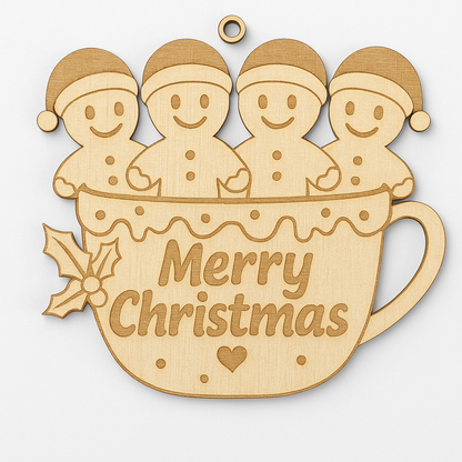 Wooden Christmas ornament with gingerbread men in a mug and 'Merry Christmas' text.