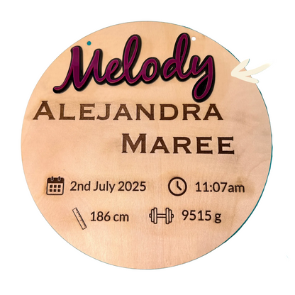 Baby announcement sign with personalized details on a teal background