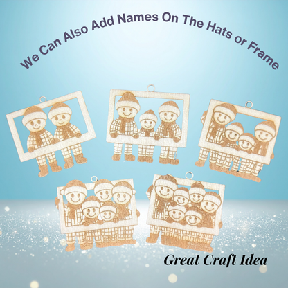 Decorative Christmas ornaments with family illustrations and text 