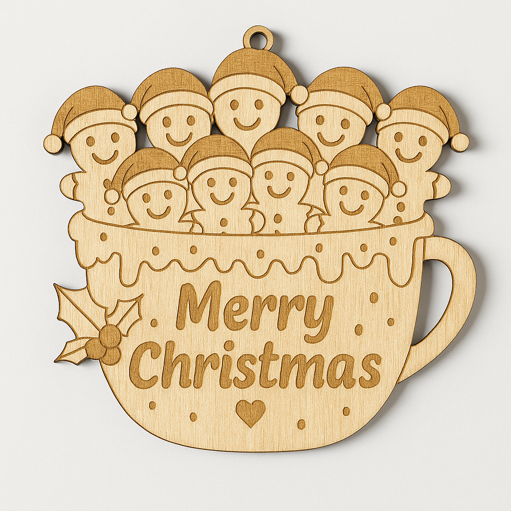 Personalised Gingerbread Family in Mug Ornament – Custom Engraved Wooden Christmas Decoration