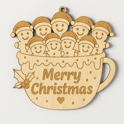 Wooden Christmas ornament shaped like a mug with gingerbread men and 'Merry Christmas' text.