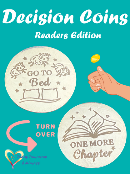 'Decision Coins Readers Edition' with two coins and a hand holding a coin on a teal background. 'go to bed', 'one more chapter' 
