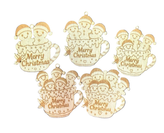 Set of five wooden Christmas ornaments with 'Merry Christmas' text on a dark background