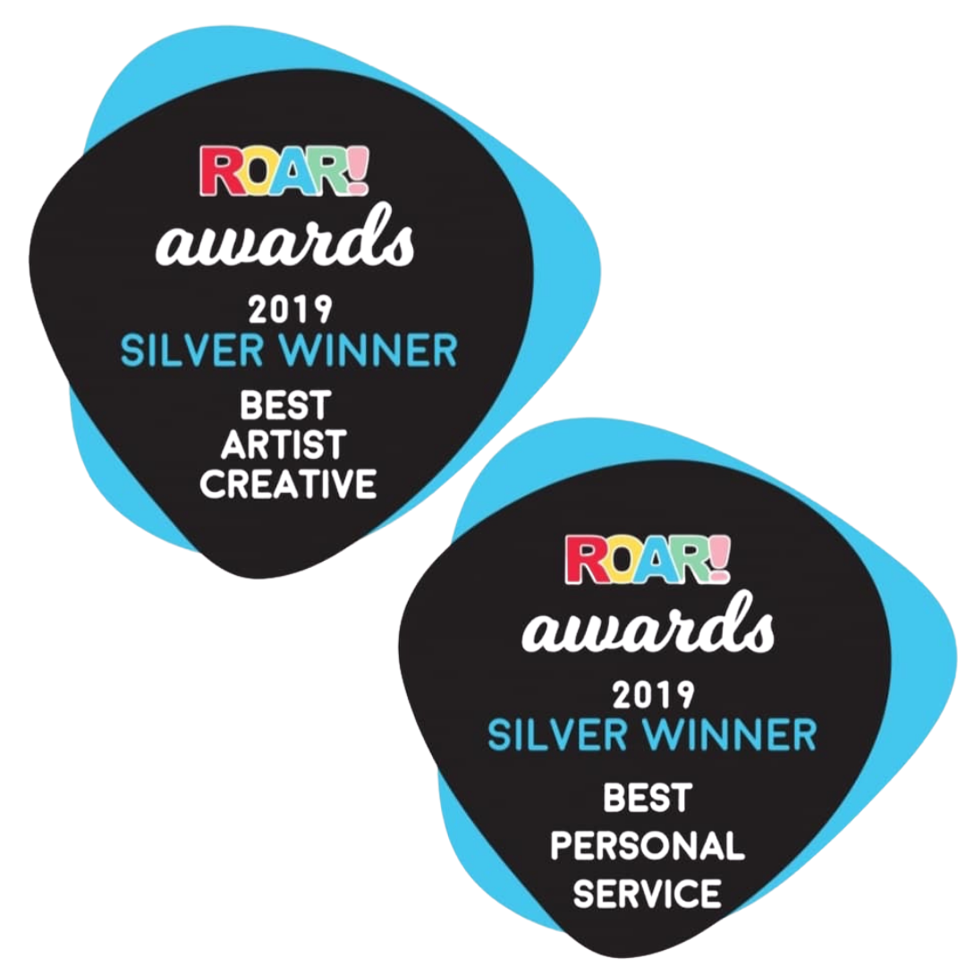 Two black and blue award stickers for the ROAR Awards 2019, one for Best Artist Creative and one for Best Personal Service. Today Tomorrow & Always   Today Tomorrow & Always   