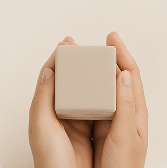 Hand holding a beige square object against a plain background. Today Tomorrow & Always    tta