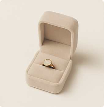 Beige jewelry box with a gold ring inside on a beige background. Today Tomorrow & Always   tta