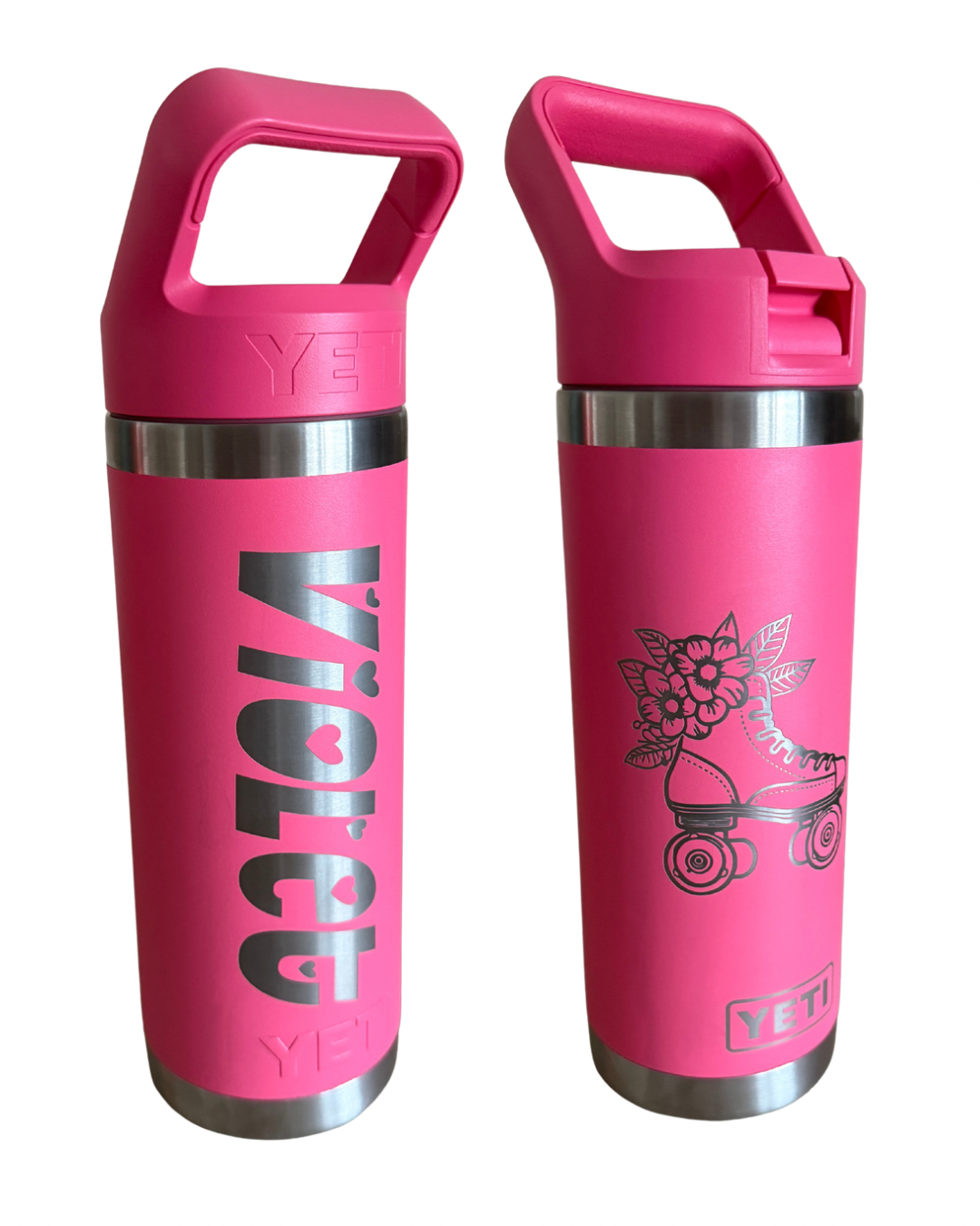 Kids yeti cup engraved with name ‘Violet’ and rollerskate