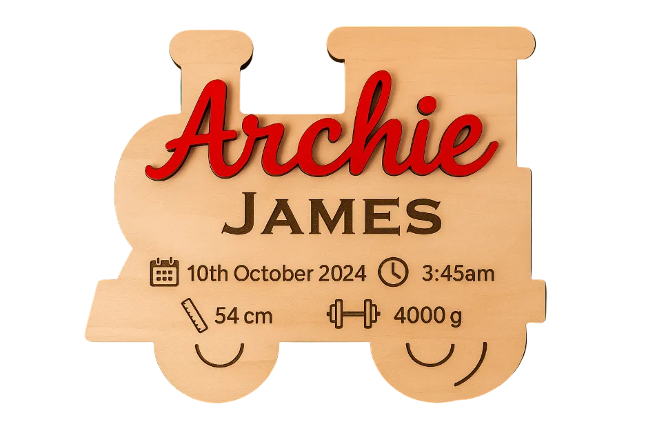 Wooden train-shaped plaque with name, height, weight, time and date of birth.