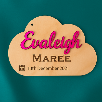 cloud shaped wooden plaque with baby name and birth date 
