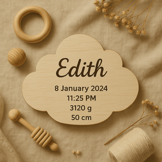 Wooden baby milestone disks – personalised announcement plaques with engraved or write-in details