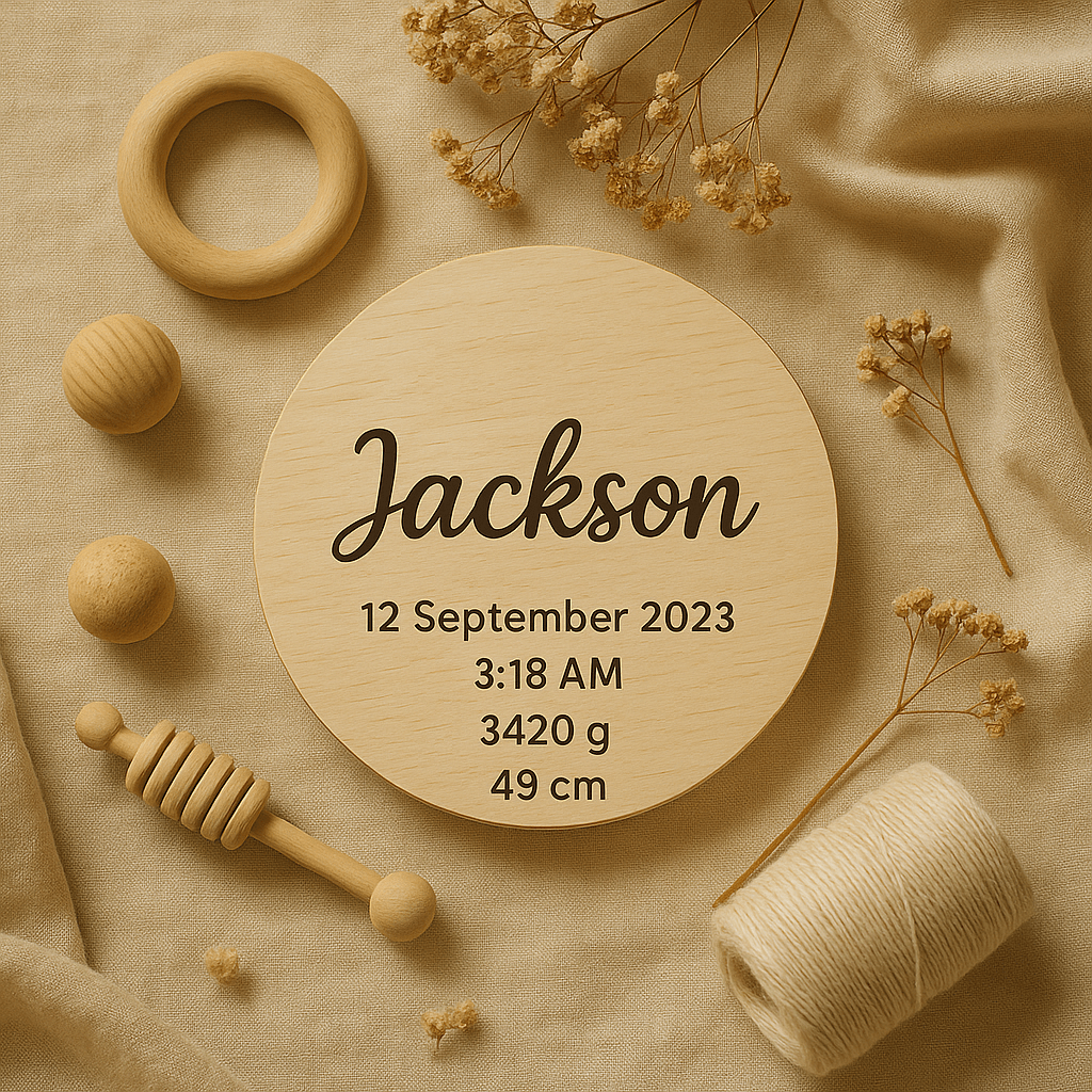 Wooden baby milestone disks – personalised announcement plaques with engraved or write-in details