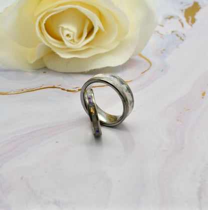 Hammered tungsten wedding band – durable faceted ring customisable with engraving and DNA inclusions