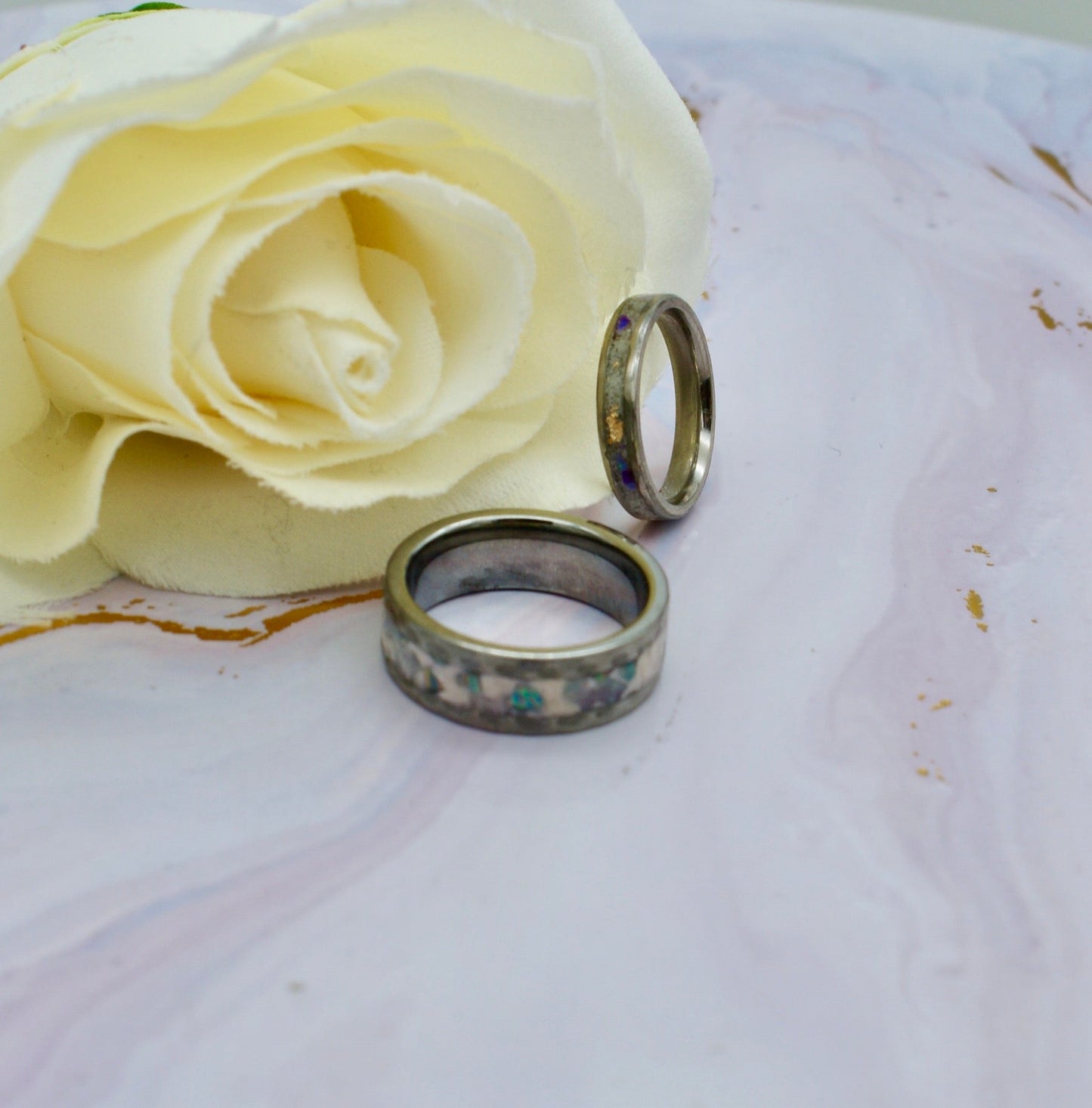 Hammered tungsten wedding band – durable faceted ring customisable with engraving and DNA inclusions