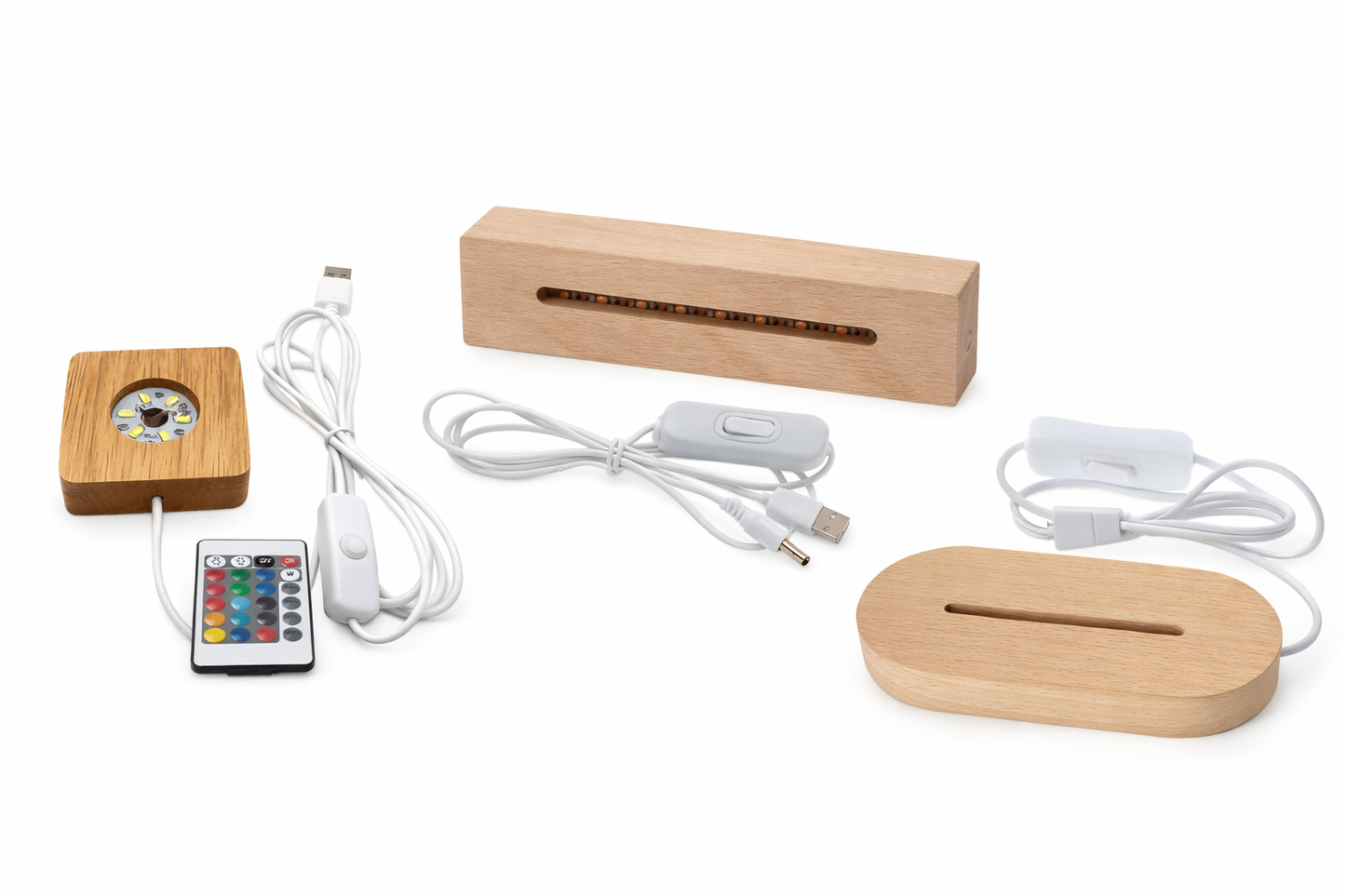 3 different light base shapes made from wood