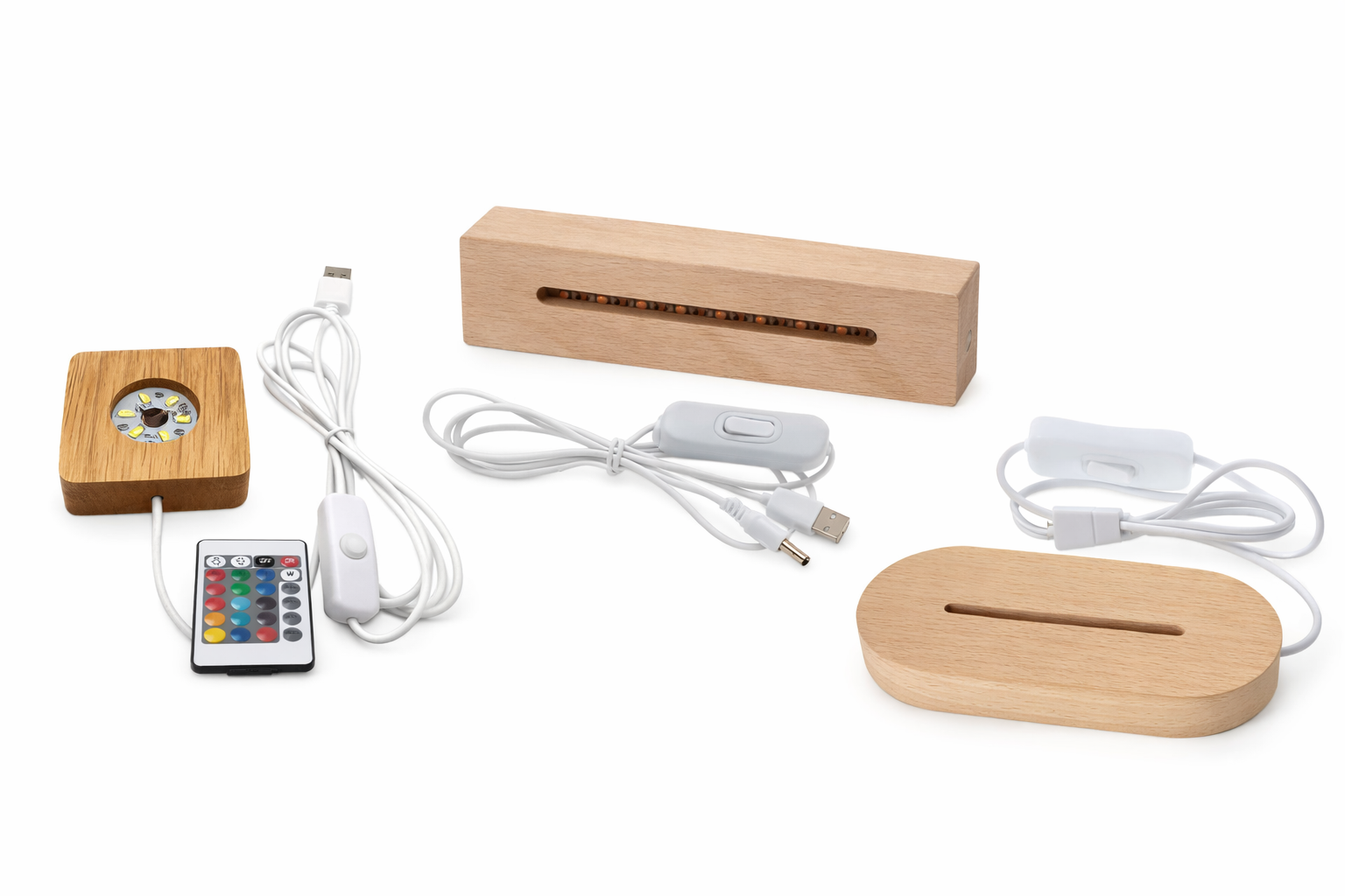 3 different light base shapes made from wood