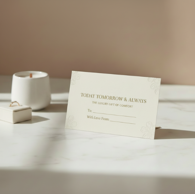 cream gift card and gold ring in box sitting on cream marble table