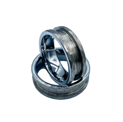 Hammered tungsten wedding band – durable faceted ring customisable with engraving and DNA inclusions