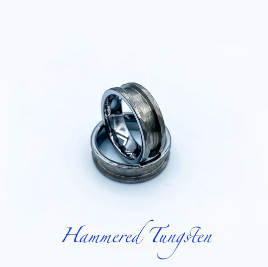 Hammered tungsten wedding band – durable faceted ring customisable with engraving and DNA inclusions
